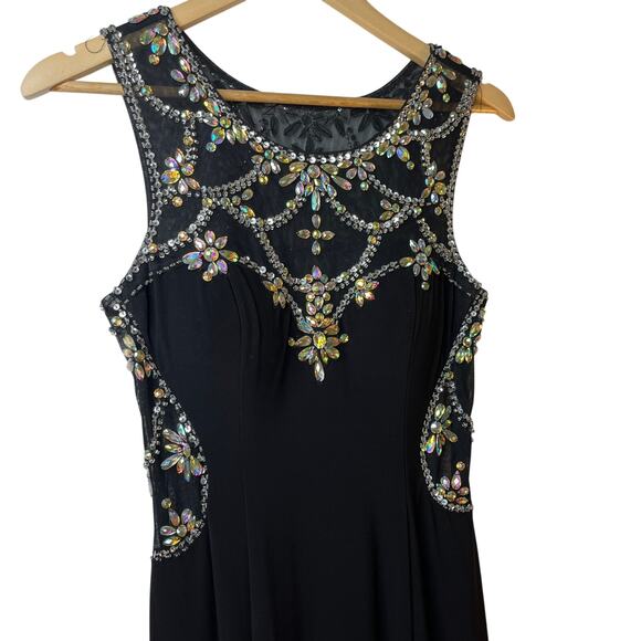 Betsy & Adam Illusion Low Back Prom Evening Gown with Crystal Beading and Mesh - Picture 6 of 14